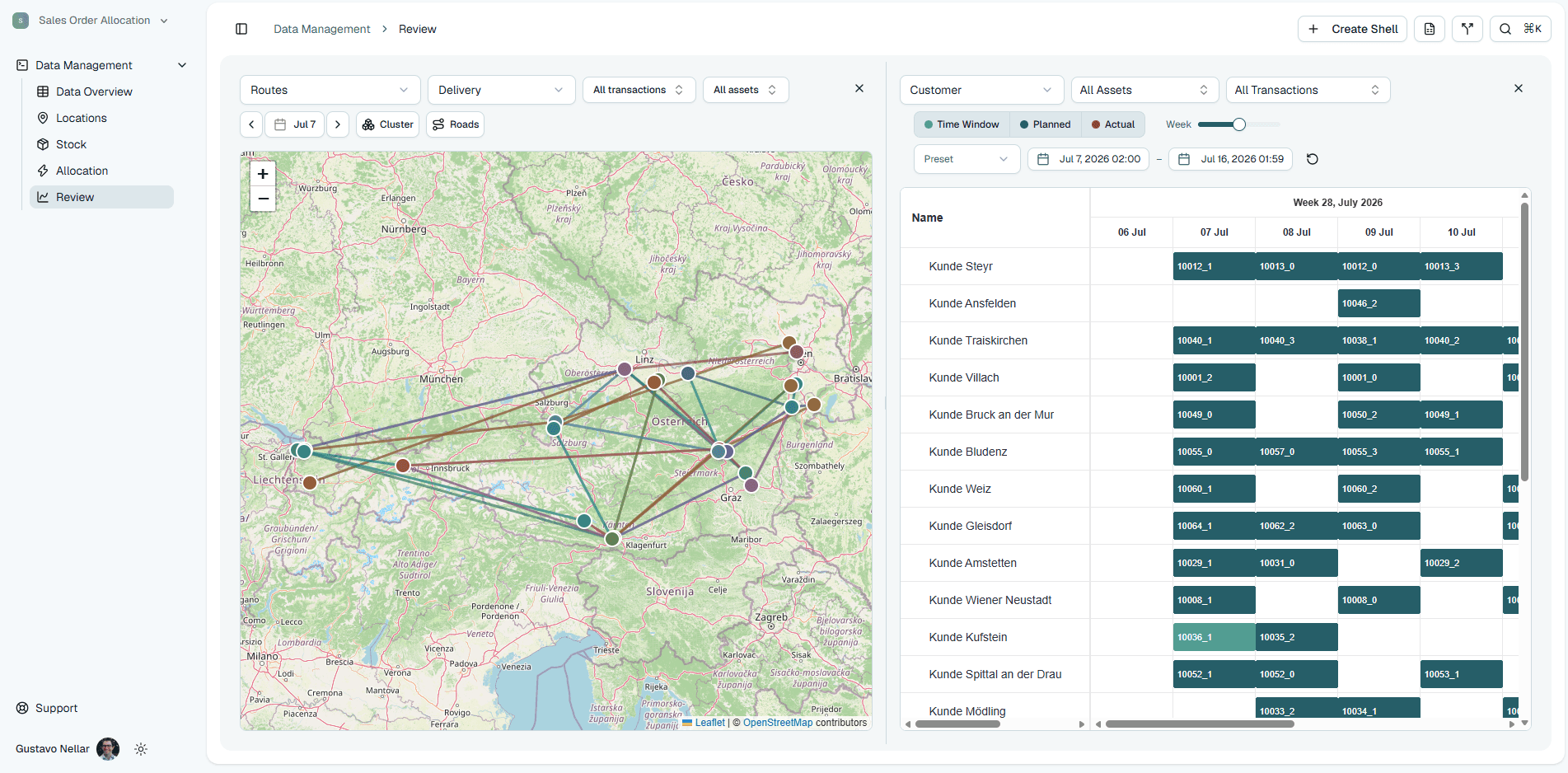 Enquant Gantt view of confirmed customer deliveries across sourcing sites