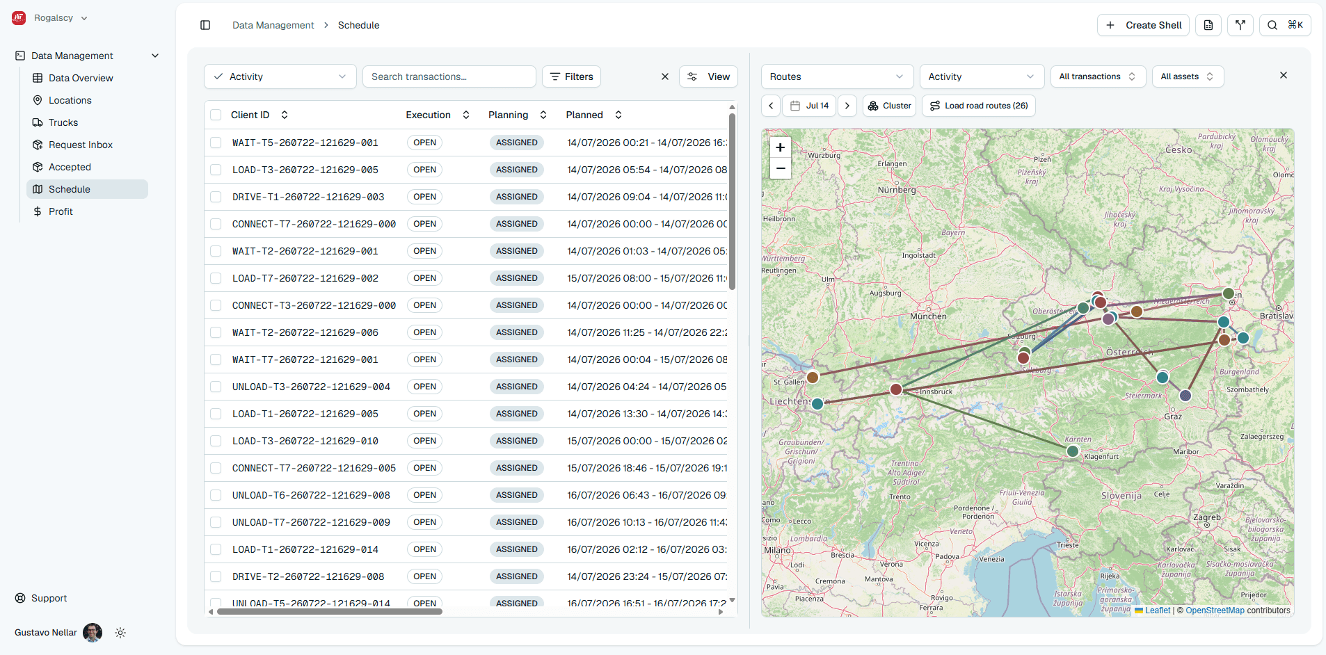 Enquant load list with candidate spot loads and a fleet position map