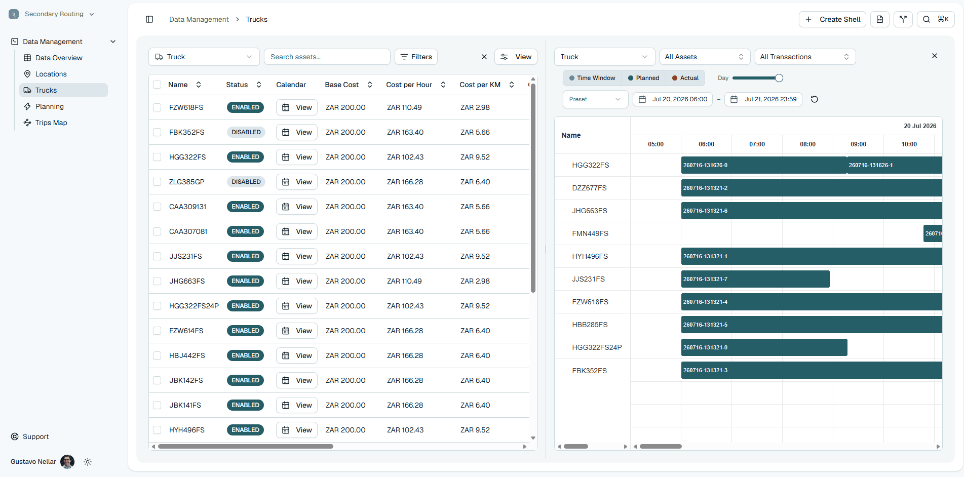 Enquant truck list with capacity utilization and schedule Gantt