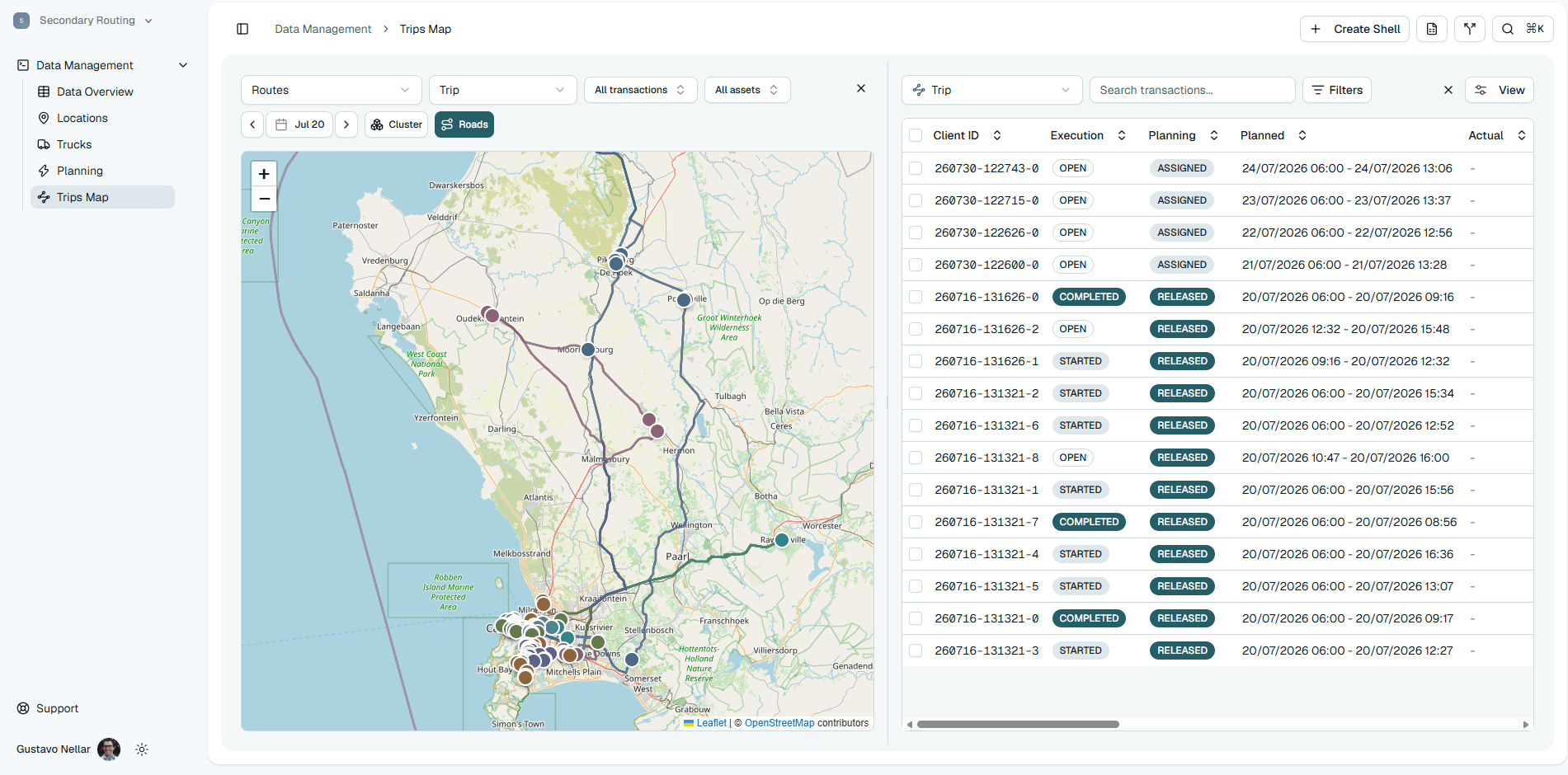 Enquant trip map with sequenced delivery stops and transaction details